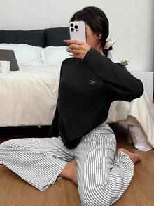 SHEIN 2pcs Solid Color Casual Letter Patched Long Sleeve T-Shirt Top And Striped Jacquard Pajama Pants Set Sleep Wear Women Loose Fall Winter Clothes - Black - View 6