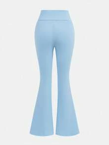 SHEIN Girlism Teen Girls' High Waist Snug Fit High Stretch Sports Yoga Casual Versatile Pocket Flare Pants, Light Blue - Baby Blue - View 2