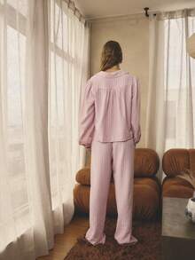 Aralina Christmas Thanksgiving Cosy Sleepwear 2pcs Striped Collared Ruffle Neck Long Sleeve Balloon Sleeve Button Down Shirt And Wide Leg Pants Matching Pajama Set, Cute Cozy Christmas Pajamas Fall Winter Clothes Pjs Pink - Pink - View 3