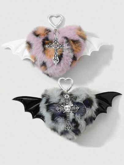 Goth 1pc Y2K Vintage Punk Chic High-End Faux Fur Leopard Print 3D Rivet Heart Crystal Hollow Cross DIY Keychain Bag Charm, Suitable For Women, Daily Wear, Holiday Gift