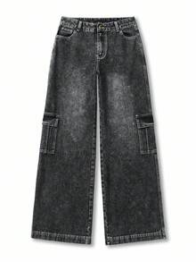 Y2Kool Women's Contrast Stitching Cargo Jeans, Autumn/Winter Streetwear Y2K Style Casual Pants, Suitable For Halloween, Christmas, Back To School Matching Idea Baggy Jeans Y2k Jeans Wide Leg Jeans Black Jeans Denim Pants Stylish Clothing Collection New Year Outfits