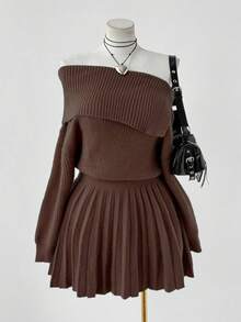 Sunspun Autumn/Winter Fashion Asymmetric Off-Shoulder Solid Color Waist Pleated Dress