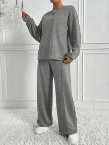 SHEIN Tall 女士两件套极简街头运动服，圆领上衣和阔腿运动裤，2025 年秋季新品 - 深灰色 - 查看 5