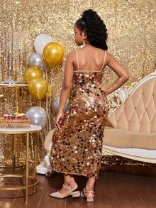 Vestido de tirantes con aplicaciones de lentejuelas para niña preadolescente, adecuado para fiestas de Navidad - Albaricoque - Ver 4