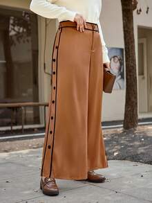 Calvaya Pantalones anchos de talle alto con botones laterales decorativos, en marrón y negro, de corte holgado y cómodo, versátiles para uso casual, de oficina y al aire libre, en tallas grandes - Marrón - Ver 6