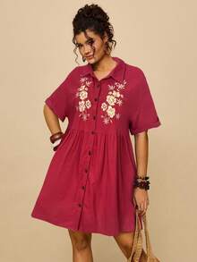 Travachic Plus Size Casual Cotton Floral Embroidered Black Shirt Collar Batwing Sleeve Patchwork Dress