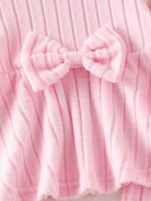 Elladie kids 2pcs Baby Girls' Knitted Ribbed Long Sleeve Waist Cinched Long Tee And Pants Set, Casual Daily Outfit For Autumn Autumn And Winter Two Piece Suit Baby Girl Warm Sets Baby Girl Casual Pant Sets Baby Girl Set Pink Bow Baby Outfit - Pink - View 5