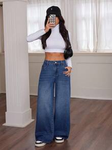 SHEIN PETITE Quần Jeans Nữ Thu Đông Halloween Giáng Sinh Năm Mới Y2K Dễ Thương Phong Cách Đường Phố Goth Grunge Thập Niên 2000 Quần Jeans Denim Cạp Cao Có Túi Ống Rộng Rộng Thường Ngày Đa Năng Quần Jeans Denim Cạp Cao Ống Rộng Cho Nữ Quần Jeans Xanh Trơn Quần Dài Quần Jeans Denim Ống Rộng Cho Nữ Thời Trang Quần Jeans Xanh Cạp Cao Rộng Vừa Vặn Cho Mặc Hàng Ngày Quần Jeans Lót Nhiệt Thoải Mái Và Thời Trang - Màu xanh lam - Xem 6