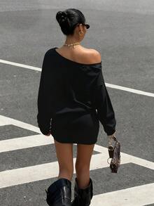 Muchica Women's New Autumn Fleece Black Asymmetric Neck Long Sleeve Bodycon Mini Dress - Black - View 2