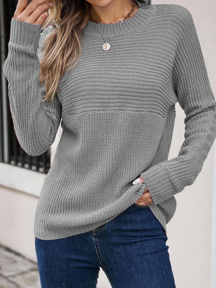 SHEIN Essnce 女式纯色圆领长袖休闲毛衣,秋冬 - 灰色 - 查看 1