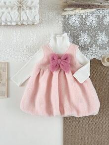 SHEIN 2 件套女婴返校装，9 个月 - 3 岁，可爱时尚，白色罗纹针织高领长袖上衣，粉色深 V 领荷叶边裙，紫色蝴蝶结装饰，柔软舒适，适合休闲穿着或送礼 - 淺粉色 - 查看 10