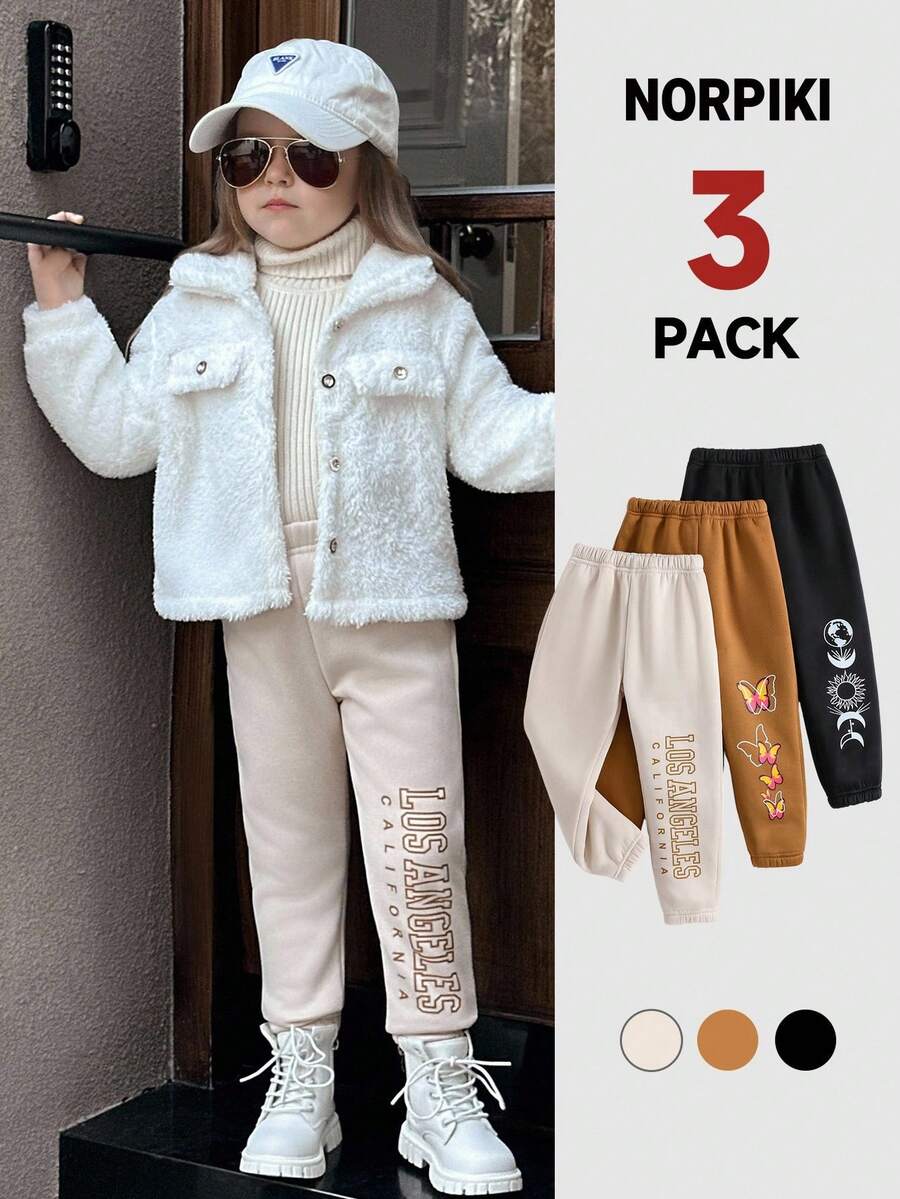 SHEIN Young Girl 3pcs Letter & Butterfly & Moon Print Sweatpants Joggers For Girlsloose Pants For Young Girl