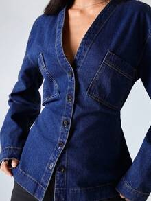 LYSMO Women's Fashion Waist Cinched Denim Blouse - Dark Wash - View 4