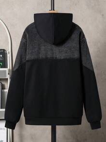 Vacaura Casual Fashion Minimalist Denim Pocket V-Shaped Patchwork Long Sleeve Hooded Jacket For Teenage Boys, Loose Fit, Comfortable, Versatile, Suitable For Autumn, Spring, Summer, Daily Wear, Commuting, Outdoor, Sports, School, Streetwear, Party, Photography