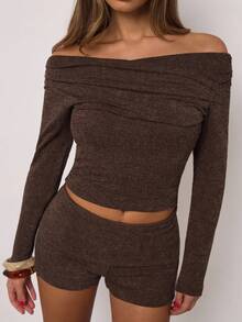 SHEIN BAE 秋季时尚通勤纯色露肩短款上衣 - 咖啡棕 - 查看 7