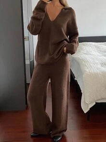 DAZY 女式宽松V领毛衣和裤子两件套，秋冬 - 棕色 - 查看 4