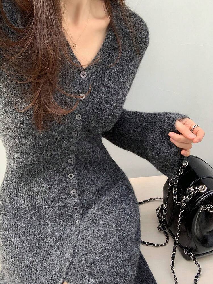 Oversized V-Neck Single-Breasted Long Cardigan Sweater Dress For Women, French Elegant Style