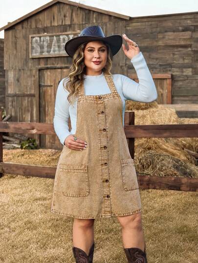 EMERY ROSE 大码女式复古雪花水洗牛仔连衣裙，秋冬