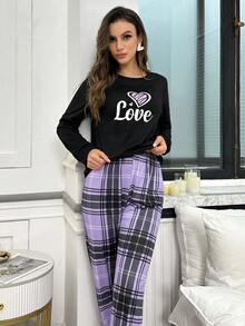 Heart Plaid Print Long Sleeve Top & Long Pants Pajama Set, Fall Winter Clothes Cozy And Elegant Details - Multicolor - View 6
