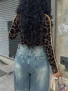 Rovax Vintage Leopard Print Digital Fitted Crew Neck Long Sleeve Women's Spring/Autumn Base Layer Top - Multicolor - View 2