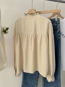 Muvela Camicia a maniche lunghe da donna con rouches e ricamo floreale sulla parte anteriore con bottoni - Beige - Visualizzare 2