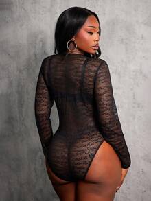 SHEIN SXY Plus Size Women's Sexy Street Letter Pattern Transparent Mesh Black Tight And Sexy Long-Sleeve Bodysuit (No Bra)/Fall/Winter