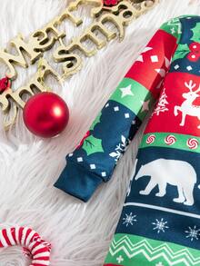 SHEIN Babygirl Cute Christmas Knitted Cartoon Pattern Long-Sleeved Home Clothes Set,Red And White Stripe,Autumn,Lounge Snug Fit Elk Snowflakes Polar Bears - Multicolor - View 5