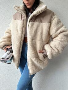 EURMUSE Contrast Panel Slant Pockets Teddy Puffer Coat - Apricot - View 5