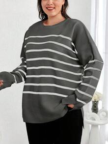 EURMUSE Plus Size Striped Pattern Drop Shoulder Sweater - Grey - View 5
