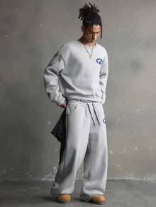 AXEPEAK 男士几何印花圆领长袖卫衣搭配抽绳腰运动裤，休闲宽松套装，适合秋冬季穿着 - 灰色 - 查看 6