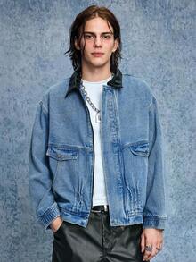 ROMWE MEN Casual Áo khoác denim thường ngày màu tương phản mùa thu cho nam, cổ bẻ, vai trễ, tay dài, khóa kéo phía trước - màu đen - Xem 1