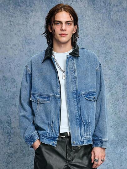 Grunge Punk Herren Herbst Kontrast Farbige Umlegekragen Oversized Langarm Reißverschluss Vorne Lässige Denim Jacke