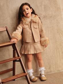 SHEIN 少女卡其色时尚搭配亲子装秋冬新款格纹毛领长袖上衣+百褶裙两件套 - 卡其色 - 查看 4