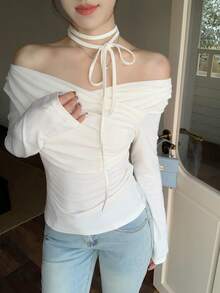 DAZY 女士交叉露肩韩版系带长袖T恤，春秋季可爱度假上衣 - 米色 - 查看 2