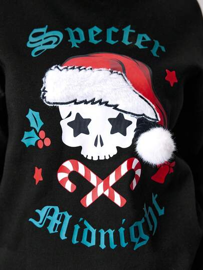 Goth Sudadera de cuello redondo con estampado de letras góticas y calaveras, de parches de felpa, para mujer