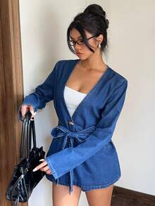 Siren Gaze Women's Blue Denim Two-Piece V-Neck Long-Sleeved Suit Jacket With Bow Belt, French Elegant Workplace Wear Autumn Suit #ChicAutumn Winter - Dark Wash - View 3