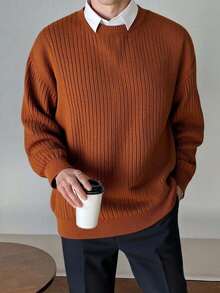 SHEIN 青少年男童休闲纯色圆领纹理针织毛衣上衣，简约百搭，适合通勤、上学、日常休闲、度假、户外、大学派对、秋冬 - 棕色 - 查看 2