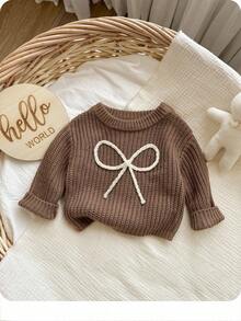 SHEIN Newborn Baby Girl Letter Pattern Versatile Long Sleeve Sweater, Autumn/Winter Baby Knitwear Baby Clothes Fall Baby Sweater Newborn Sweater Mocha Baby Clothes Christmas