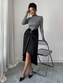 Modelyn Women's Color Block Elastic Fitted Waist Pleated Long Dress, Elegant High Neck Long Sleeve Asymmetrical Hem Dress - Black - View 4
