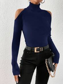 EMERY ROSE Casual Plus Size Solid Color Minimalist Long Sleeve Turtleneck T-Shirt, Everyday Wear Fall - Navy Blue - View 6