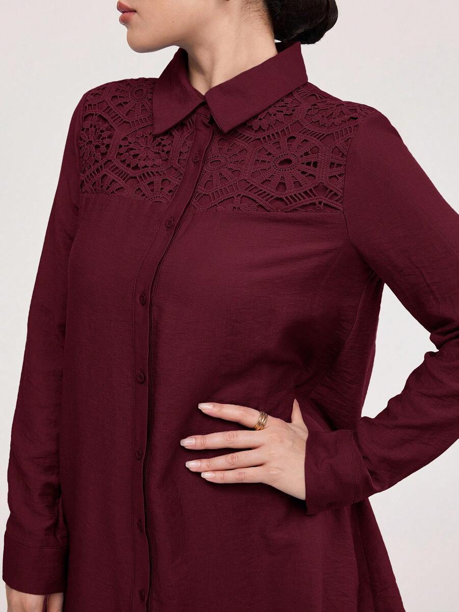 Veilorie Bộ 2 món áo sơ mi ren tay dài cài nút và quần ống rộng thường ngày cho nữ - Màu Đỏ Sâu - Xem 1