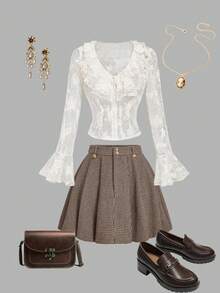 SHEIN MOD Women's Ruffled Flare Sleeve Lace Fitted Blouse,Fall /Winter,Women's Halloween Costume,Party , Elegant ,Luxury,Autumn Outfits For Women , Lace Blouse, Lace Tops, Lace Shirts - Apricot - View 3