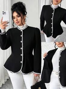 Elenzga 女式加大码白色丝带撞色块前开圆领插肩长袖 A 字宽松优雅舒适百搭休闲夹克，秋季