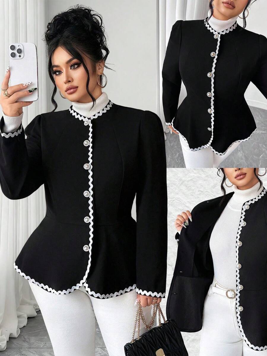 Elenzga 女式加大码白色丝带撞色块前开圆领插肩长袖 A 字宽松优雅舒适百搭休闲夹克，秋季