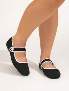 CUCCOO CURVES Plus Size Women's Decorative, Minimalist Design Shiny Square Toe Flat Shoes Suitable For Wide Feet - Black - View 1