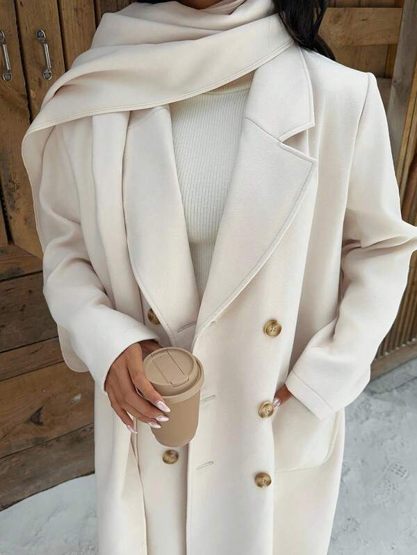 SHEIN EZwear Women's Winter Double-Breasted Long Overcoat With Scarf Design, Autumn/Winter Cream Cream Overcoat,Cozy Fall And Winter