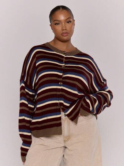 MUSERA Plus Size Stripe Crewneck Button Down Loose Fit Cardigan Cute Elegant Vacation Classy Holiday Coolgirl   Casual Lounge For Women Curve Butterscotch Evening Party Elegant   Spring Sweater