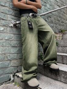 Manfinity EMRG 男士时尚复古水洗阔腿牛仔裤 - 綠色 - 查看 3