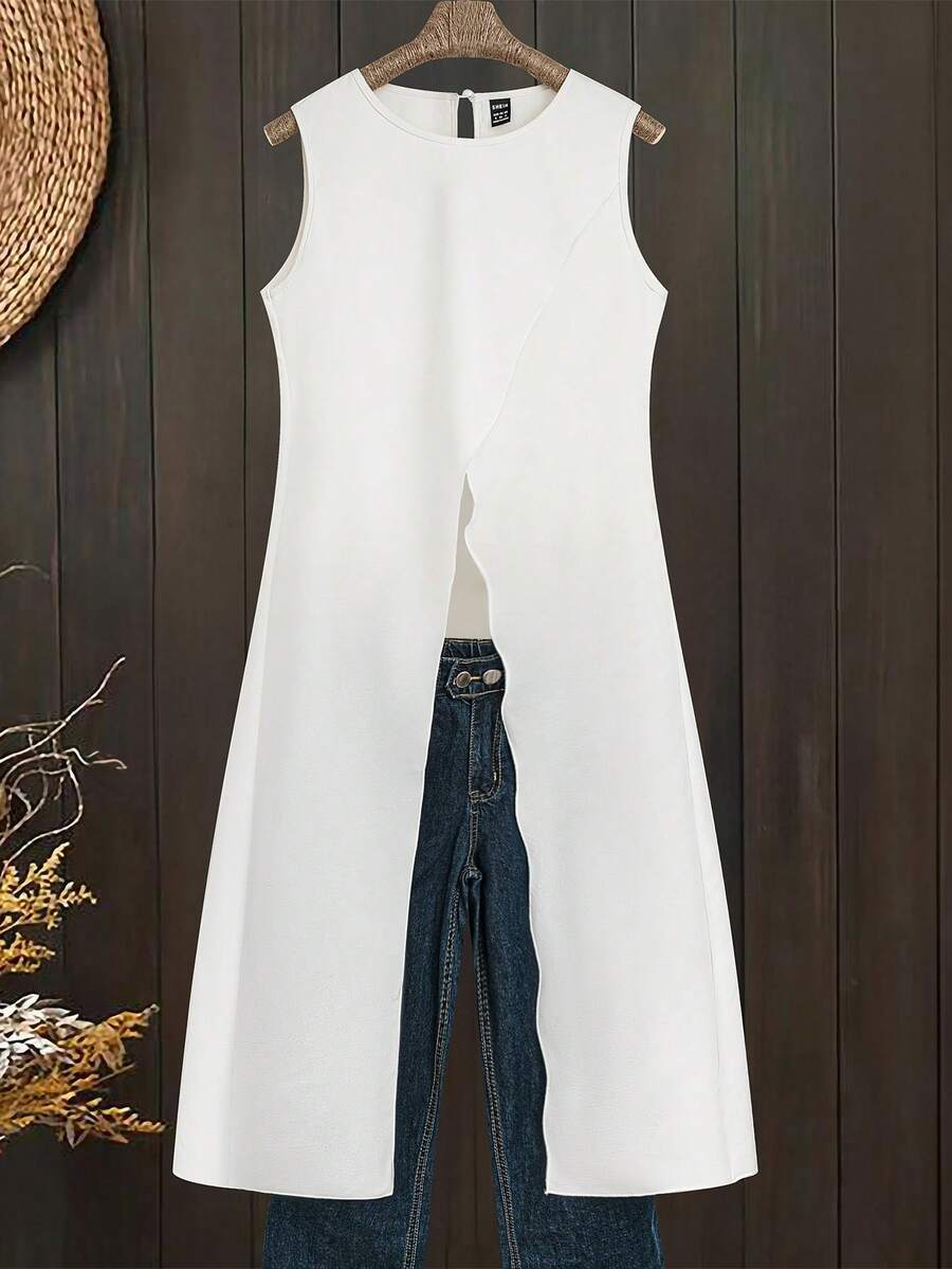 Omancia Camisa Larga De Verano Sin Mangas Con Cuello Redondo Y Color Liso Para Mujer - Blanco - Ver 1