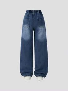 Tween Girls Y2K Style Vintage Medium Wash Blue Denim, White Butterfly Embroidered, Straight Loose Fit Jeans, Soft & Comfortable Fabric, Casual & Fashionable, Girls Denim Pants